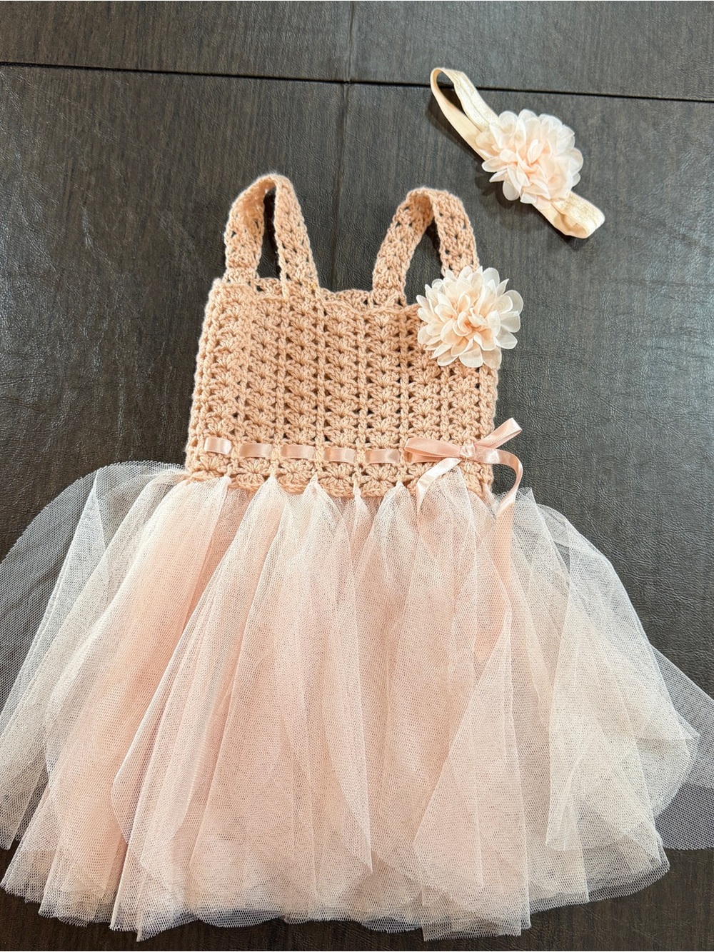 Elly & Emmy Baby Crochet and Tulle Dress with Flower Headband Sz 6-12 M NWT
